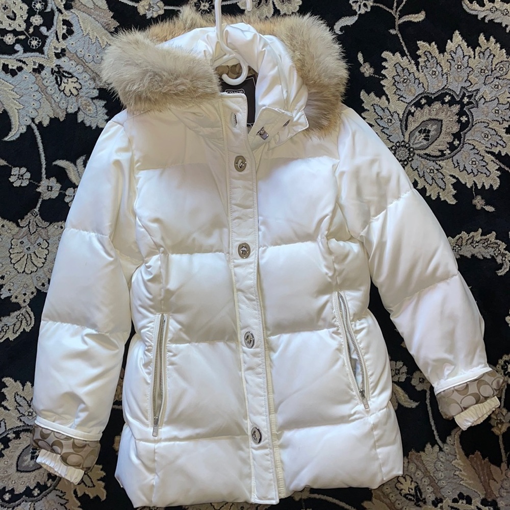 White fur hooded COACH puffer jacket!